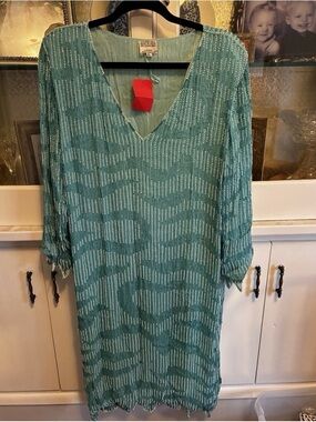 Beaded Aqua V-Neck Shift Dress Formal 1990s